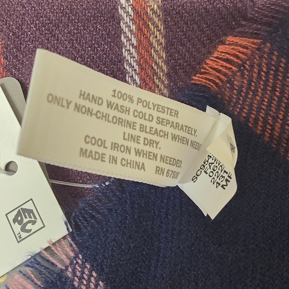 Style & Co Navy Orange Plaid Oblong Wrap Scarf with Fringe NWT - Picture 4 of 10